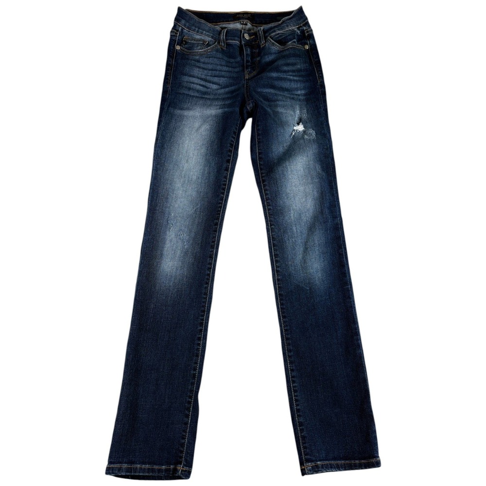 Judy Blue Jeans Womens 5/27 Blue Denim Mid Rise Stretch Distressed Straight Leg